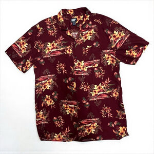 Lands’ End Men’s XL Tall Hawaiian Shirt Burgundy Yellow Floral Tropical